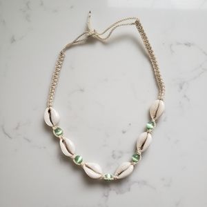 Y2K vintage cowrie shell woven macrame cord choker necklace​ green cat eye beads